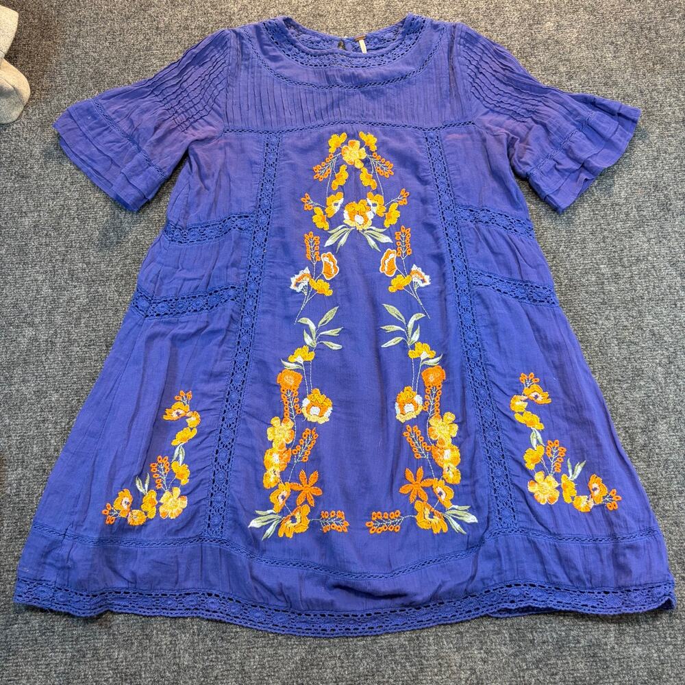 Free People Blue Yellow Floral Embroidered Boho Peasant Tunic Dress Top XS